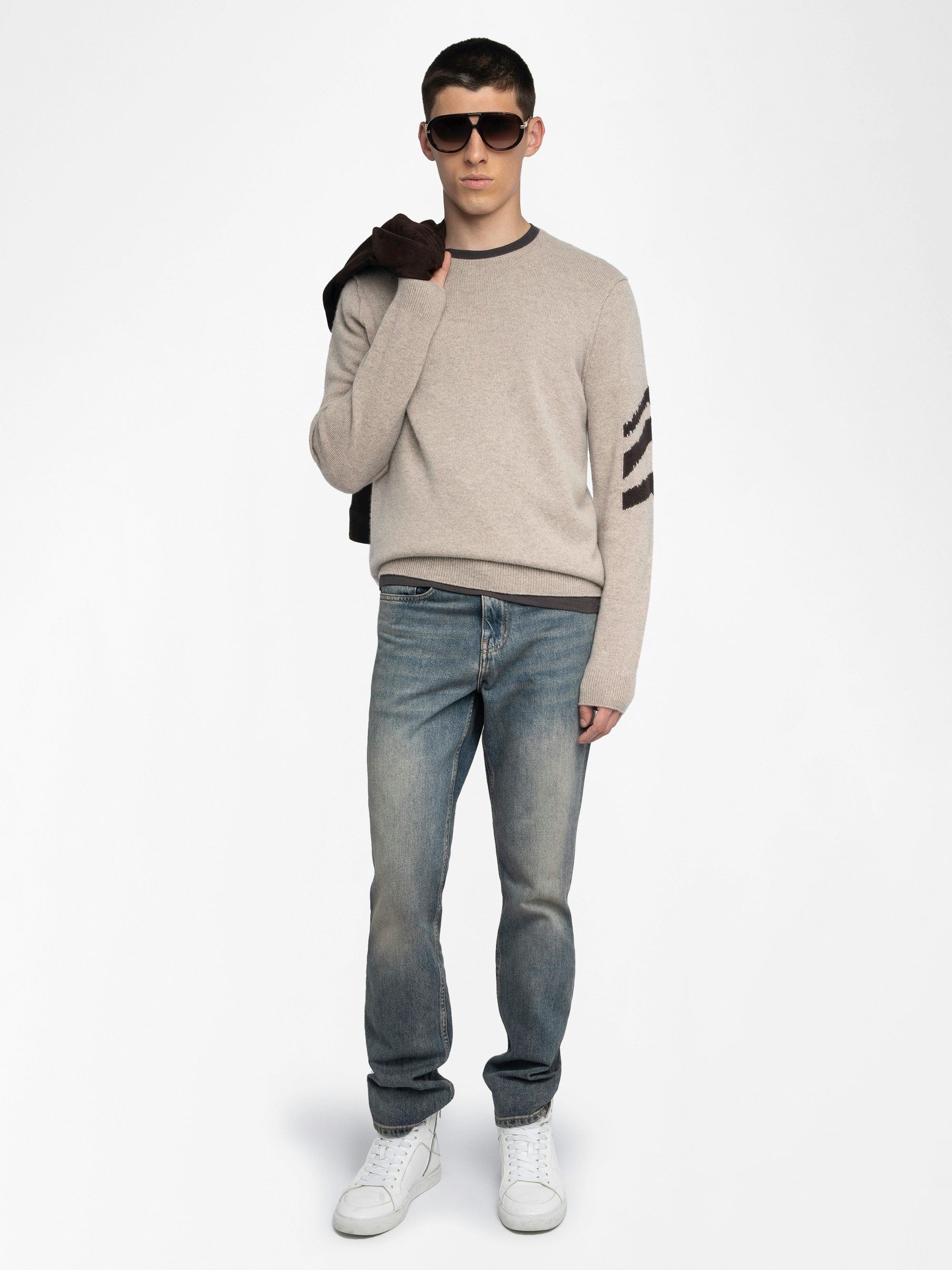 Kennedy Jumper 100% Cashmere - Round neck jumper with arrow on the arm.